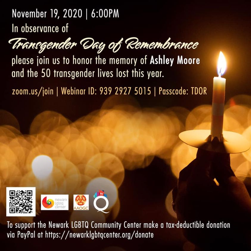 black background with a white lit candle and glowing halos of flame in the distance. Text reads: “In observance of Transgender Day of Remembrance, please join us to honor the memory of Ashley Moore and the 50 transgender lives lost this year.