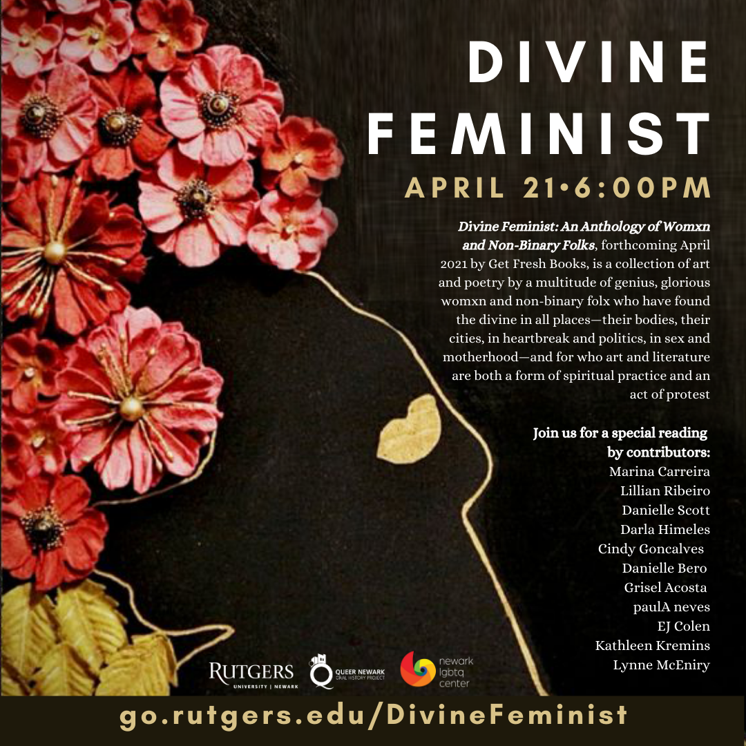 outline of woman with flowers as hair, text Divine Feminist 
