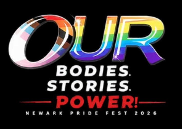 Newark Pride Logo black background with rainbow text Our Bodies, Our Stories, Our Power